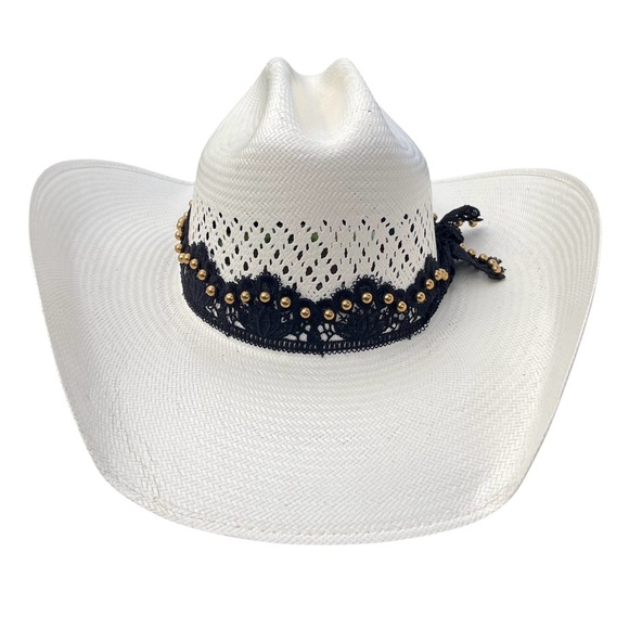 Master Hatters of Texas straw cowgirl hat hard white lace trim gold beads - Picture 2 of 6